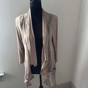 Lavanya open cascade front dusty rose crochet detailing cover up cardigan sz XL